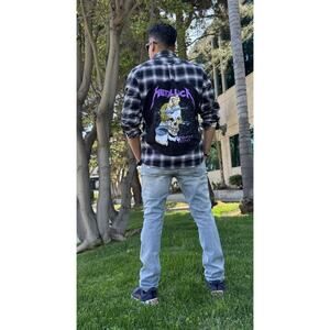 METALLICA Damaged Justice 90s Upcycled Retro Vintage Plaid Flannel Shirt Men’s L